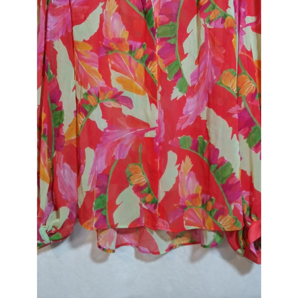 Chico's Vibrant Tropical Pink Floral Long-Sleeve Button Front Sheer Blouse Sz 12 - Picture 3 of 7